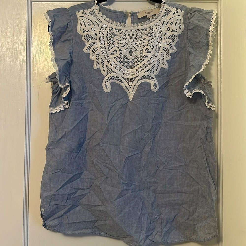 LOFT Blue Blouse with White Lace Detail